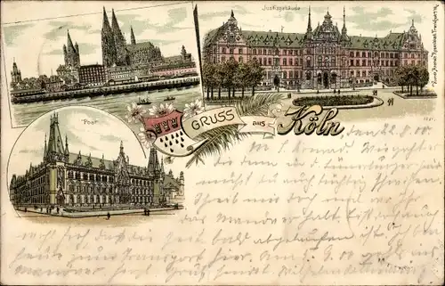 Litho Köln am Rhein, Justizgebäude, Dom, Post, Altstadt