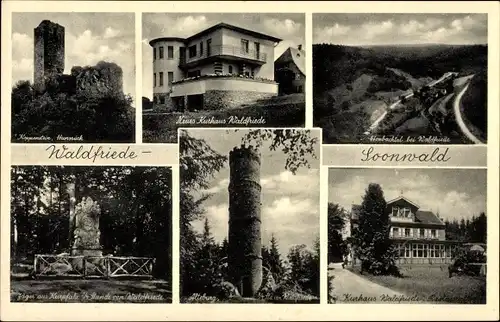 Ak Waldfriede Soonwald Seesbach, Wald und Berghotel, Kurhaus, Koppenstein, Alteburg, Denkmal