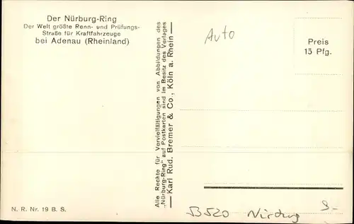 Ak Nürburg im Kreis Ahrweiler Rheinland Pfalz, Rennstrecke Nürburgring, Kurbe am Brünnchen, Rennauto