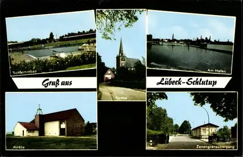 Ak Schlutup Lübeck in Schleswig Holstein, Schwimmbad, Hafen, Kirche, Zonengrenzübergang