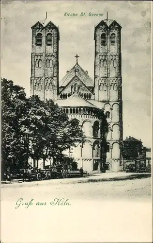 Ak Köln am Rhein, Frontansicht der Kirche St. Gereon, Kutschen