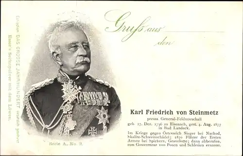 Ak Karl Friedrich von Steinmetz, Preußischer Generalfeldmarschall, Portrait, 1796-1877