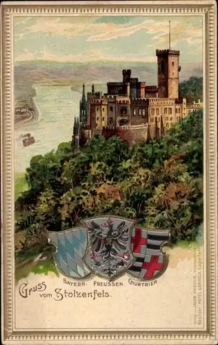 Präge Passepartout Wappen Litho Koblenz, Stolzenfels Koblenz in Rheinland Pfalz, drei Wappen, Burg