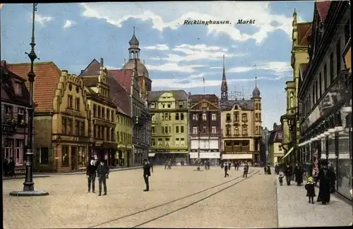 Ak Recklinghausen in im Ruhrgebiet, Marktplatz, Geschäfte, Passanten