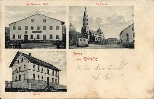 Ak Reissing Oberschneiding, Gasthaus zur Post, Dorfpartie mit Kirche, Kloster
