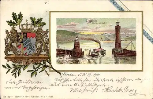 Präge Wappen Litho Lindau am Bodensee, Leuchtturm an der Hafeneinfahrt, Löwe, Dampfer