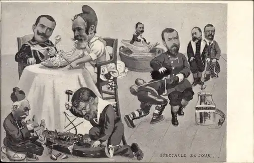 Künstler Ak Spectacle du Jour, Émile Loubet, Viktor Emanuel, Georg V., Roosevelt, Wilhelm II.