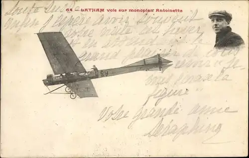 Ak Latham vole sur monoplan Antoinette, Französischer Flugpionier