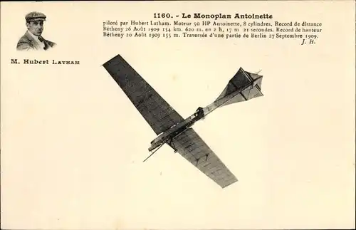 Ak Monoplan Antoinette, Hubert Latham, Flugpionier