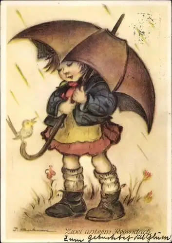 Künstler Ak Zwei unterm Regendach, Kind und Vogel unter einem Regenschirm