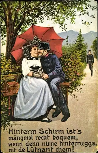 Ak Soldatenliebe, Schweizer Soldat mit seiner Frau, Bank, Sonnenschirm