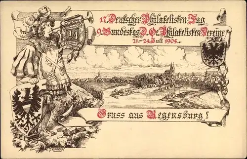 Künstler Ak Haseneder, K., Regensburg an der Donau Oberpfalz, 17. Deutscher Philatelisten Tag 1905