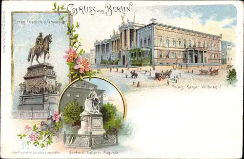 Litho Berlin Mitte, Denkmal Friedrich d. Großen, Palais Kaiser Wilhelm I., Kaiserin Augusta Denkmal