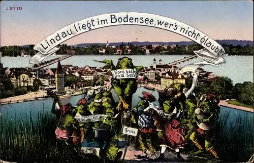 Künstler Ak Lindau in Bodensee Schwaben, musizierende Frösche, Blick auf die Stadt