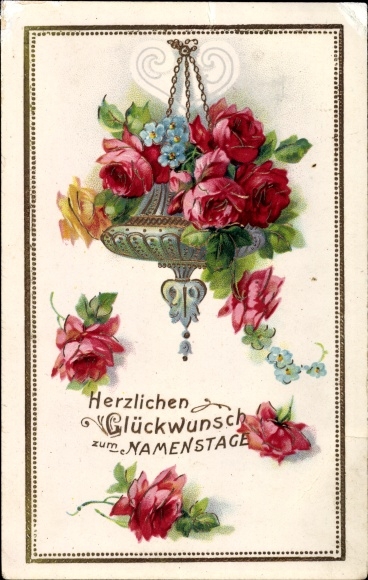 Ak Gluckwunsch Namenstag Hangekorb Mit Blumen Rosen