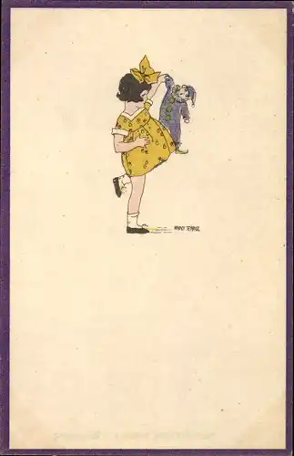 Künstler Ak Tekauz, Anny, Kleines Mädchen mit ihrer Puppe, Gelbes Kleid