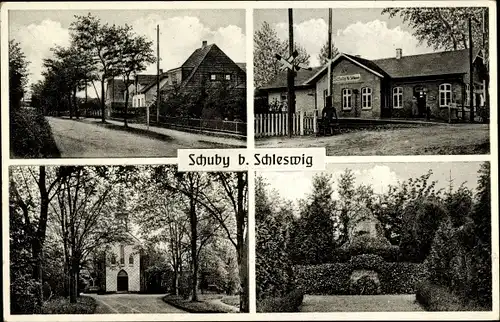Ak Schuby in Schleswig Holstein, Straßenpartie, Bahnhof, Kirche, Denkmal