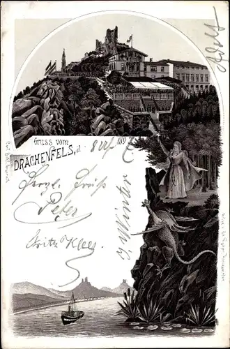 Litho Königswinter im Rhein Sieg Kreis, Gastwirtschaft am Drachenfels, Drache