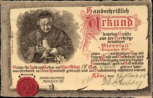 Ak Köln am Rhein, Urkunde für ein Trinkgelage, Bierstall Belgischer Hof, Mönch mit Krug