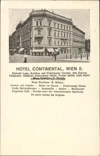 Ak Wien 2. Leopoldstadt Österreich, Hotel Continental, Dir. B. Waktor