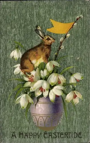 Präge Litho Glückwunsch Ostern, Osterhase auf einer Vase mit Schneeglöckchen, Weidenkätzchen