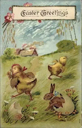 Präge Litho Glückwunsch Ostern, Osterhase schlüpft aus einem Ei, Küken