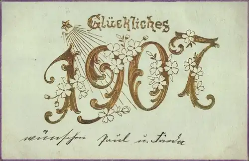 Präge Litho Glückwunsch Neujahr, Jahreszahl 1907, Blüten, Sternschnuppe