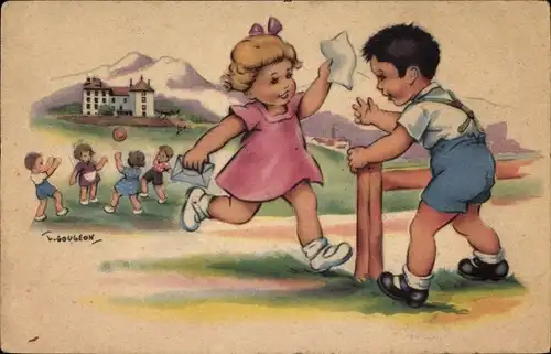 Künstler Ak Gougeon, Mädchen rennt mit einem Brief zu einem Jungen, Ballspielende Kinder