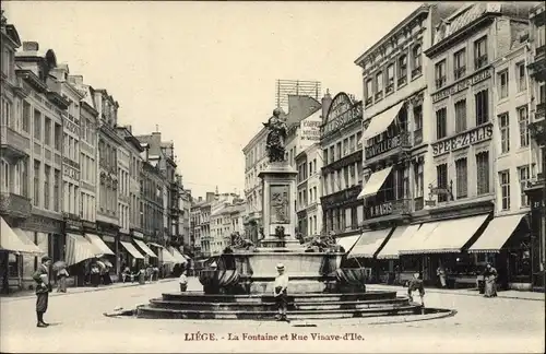 Ak Liège Lüttich Wallonien, La Fontaine et Rue Vinave d'Ile, Brunnen, Geschäfte
