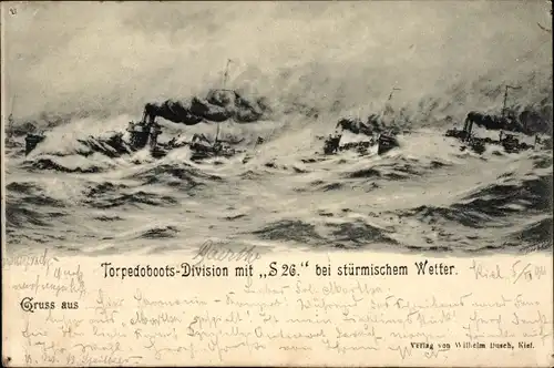 Künstler Ak Deutsche Kriegsschiffe, Torpedoboots Division mit S 26, Stürmisches Wetter