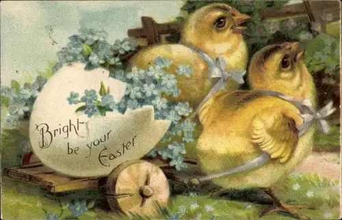 Präge Litho Glückwunsch Ostern, Zwei Küken ziehen einen Karren mit Eierschale