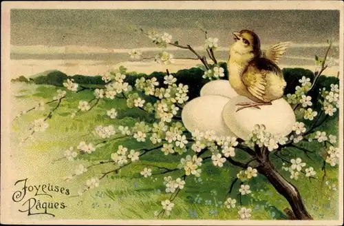 Präge Litho Glückwunsch Ostern, Küken brütet auf einem Baum Eier aus