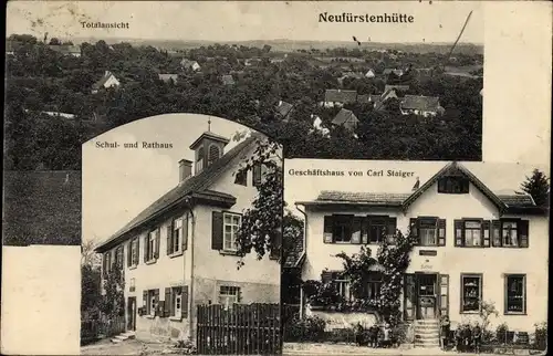 Ak Neufürstenhütte Großerlach Rems Murr Kreis, Geschäftshaus von Carl Staiger, Schule, Rathaus