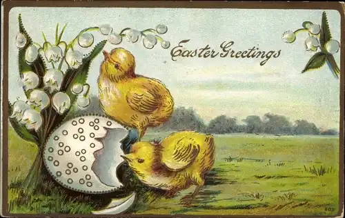 Präge Litho Glückwunsch Ostern, Zwei Küken und eine Eierschale, Maiglöckchen