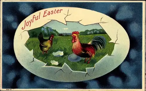 Präge Litho Glückwunsch Ostern, Hahn und Huhn auf einer Wiese, Osterei