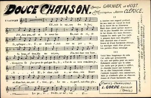 Lied Ak Douce Chanson, Paroles de Garnier et Jost, Musique de Justin Clérice