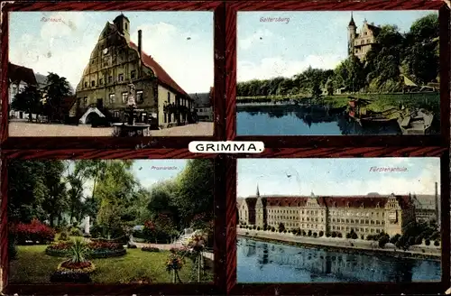 Passepartout Ak Grimma in Sachsen, Rathaus, Gattersburg, Promenade, Fürstenschule