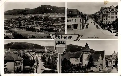 Ak Ebingen Albstadt im Zollernalbkreis, Ort mit Umgebung, Wappen, Strassenansicht, Bürgerturm