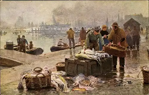 Künstler Ak Herrmann, Hans, Amsterdam, Fischmarkt am Y, Fischer, Senftenberger Krone Briketts