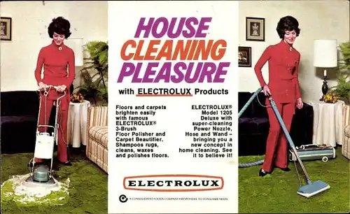 Ak House Cleaning Pleasure with Electrolux Products, Frau bei der Teppichreinigung, Staubsauger