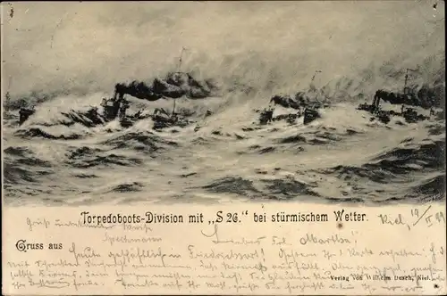 Künstler Ak Deutsche Kriegsschiffe, Torpedobootsdivision mit S 26, Stürmisches Wetter