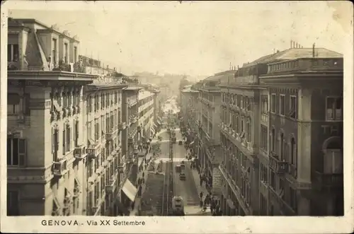 Ak Genova Genua Ligurien, Via XX Settembre, Straßenpartie, Straßenbahnen