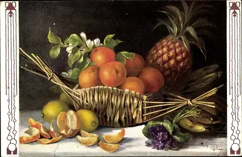 Künstler Ak Golay, Mary, Stillleben, Ananas, Orangen, Bananen