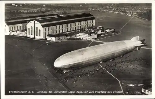 Ak Friedrichshafen am Bodensee, Fliegeraufnahme, Landung des Luftschiffes Graf Zeppelin
