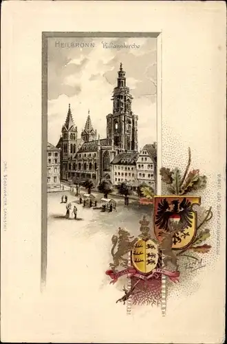 Präge Wappen Litho Heilbronn in Baden Württemberg, Blick auf Kilianskirche