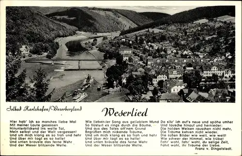 Ak Bad Karlshafen an der Oberweser Hessen, Blick auf Weser u. Ortschaft, Weserlied