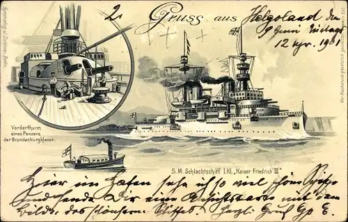 Litho Deutsches Kriegsschiff, SMS Kaiser Friedrich III., Kaiserliche Marine, Vorderturm