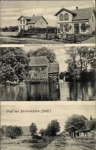 Ak Heidmühlen in Schleswig Holstein, Geschäftshaus von H. Kirchner, Wassermühle, Dorfansicht