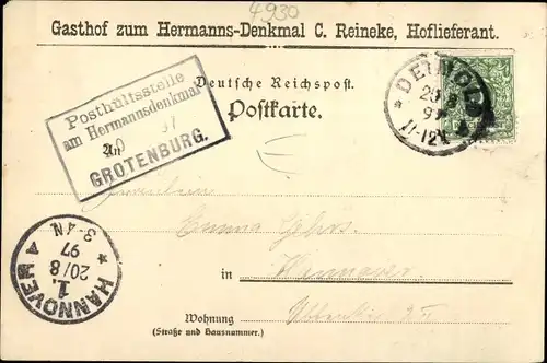 Litho Detmold in Nordrhein Westfalen, Gruß von der Grotenburg, Hermannsdenkmal, Gasthof C. Reineke