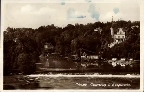 Ak Grimma in Sachsen, Wasserpartie, Blick auf Gattersburg und Hängebrücke